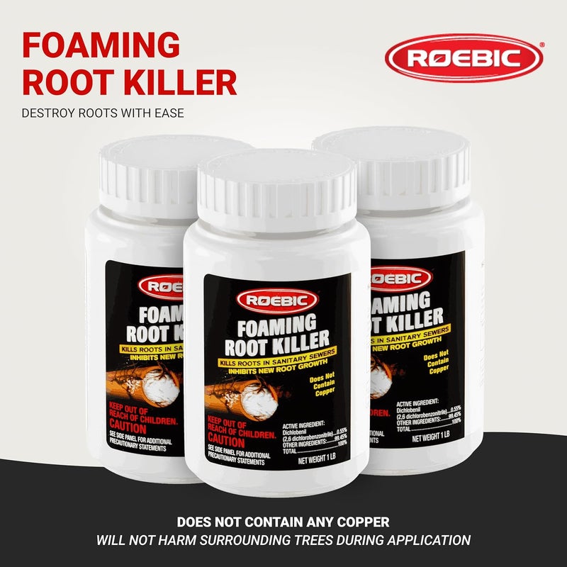 Roebic FRK Foaming Tree Root Killer, Chemical Septic System, Drain Field and Sewer Line Pipe Clog Remover and Root Destroyer, Safe for Bathroom Toilet, White Granules, 1 lb (Pack of 3) - Image 2